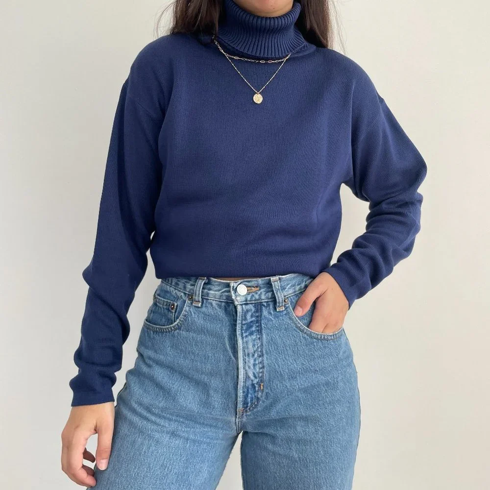 Vintage Belford 100% silk knit long sleeve turtleneck sweater in navy blue L - Picture 11 of 11